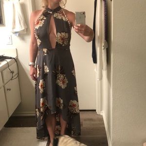 Tie Neck Key Hole Floral High-low Dress